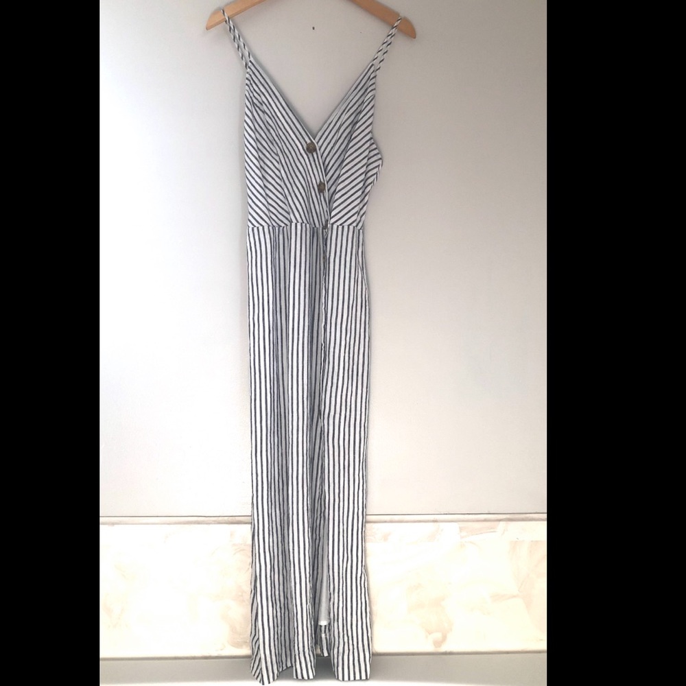 Black&white striped linen/rayon midi dress w slit